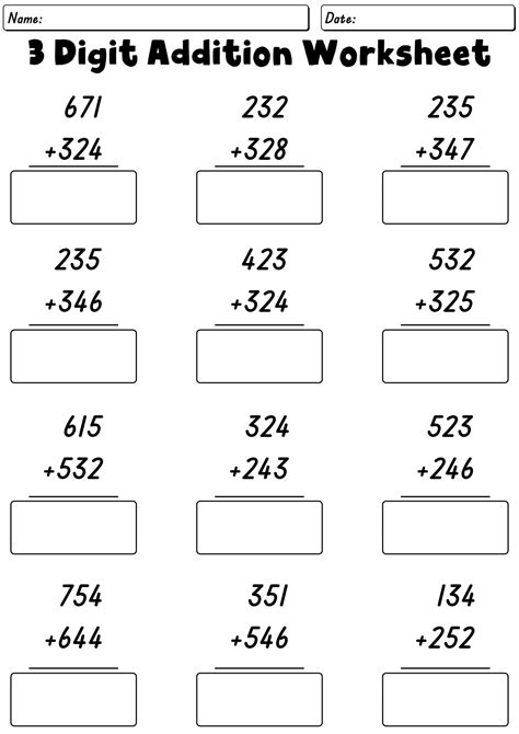 adding 3 digit numbers worksheets|Three.